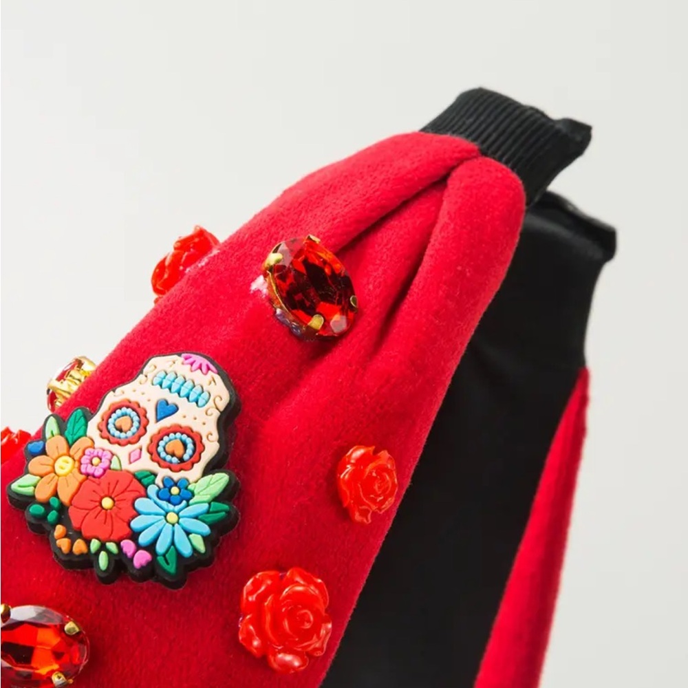 Red Sugar Skull Rhinestone Embellished Headband - Picture 3 of 6
